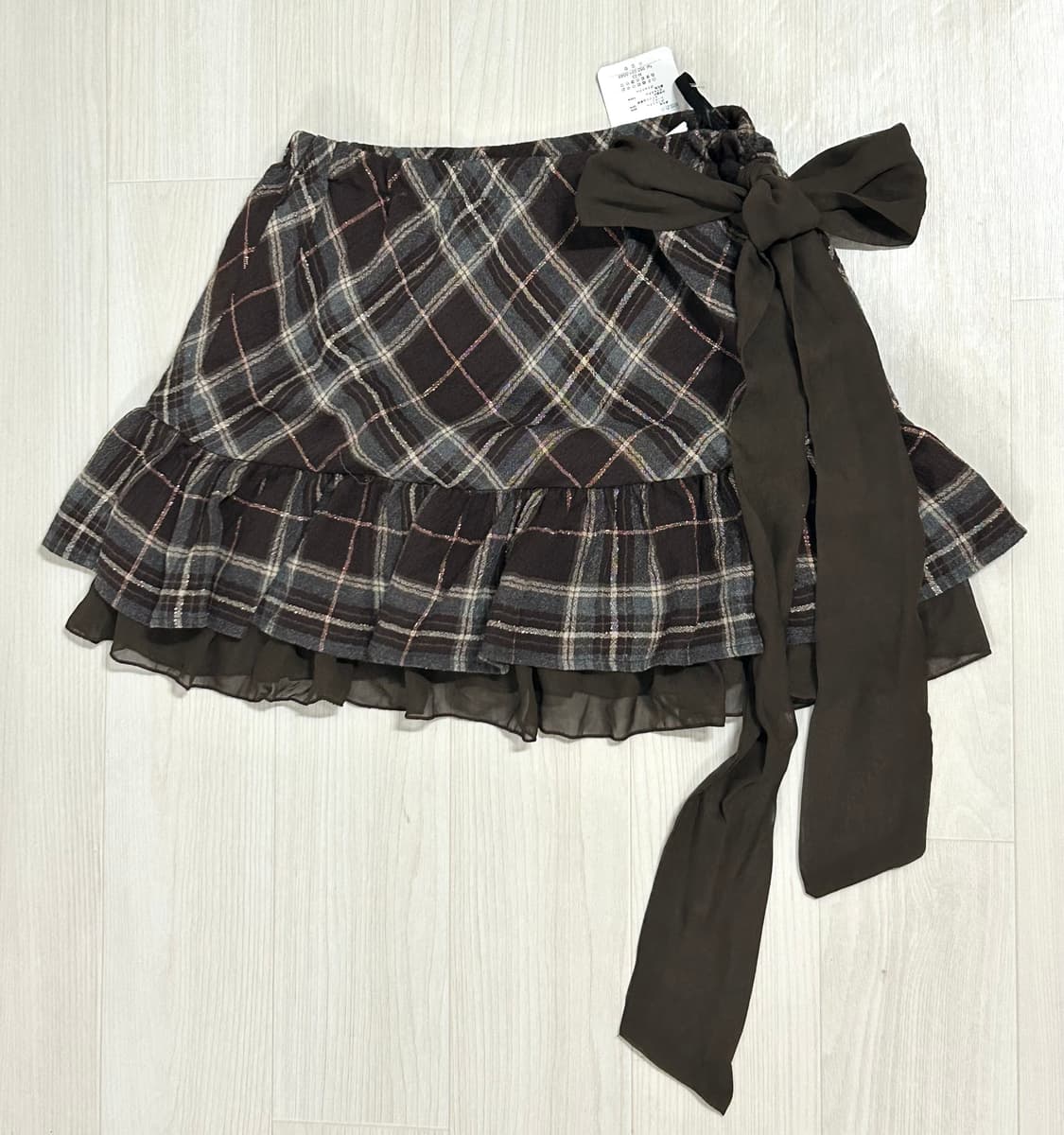 라떼갸루 초코딸기 리본 쉬폰레이스 체크스커트 상품이미지1