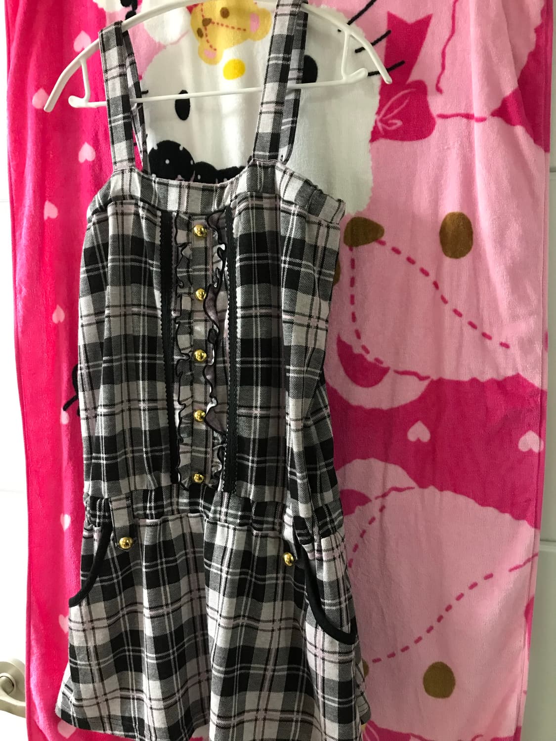 핑크 블랙 체크 원피스 멜빵 상품이미지1