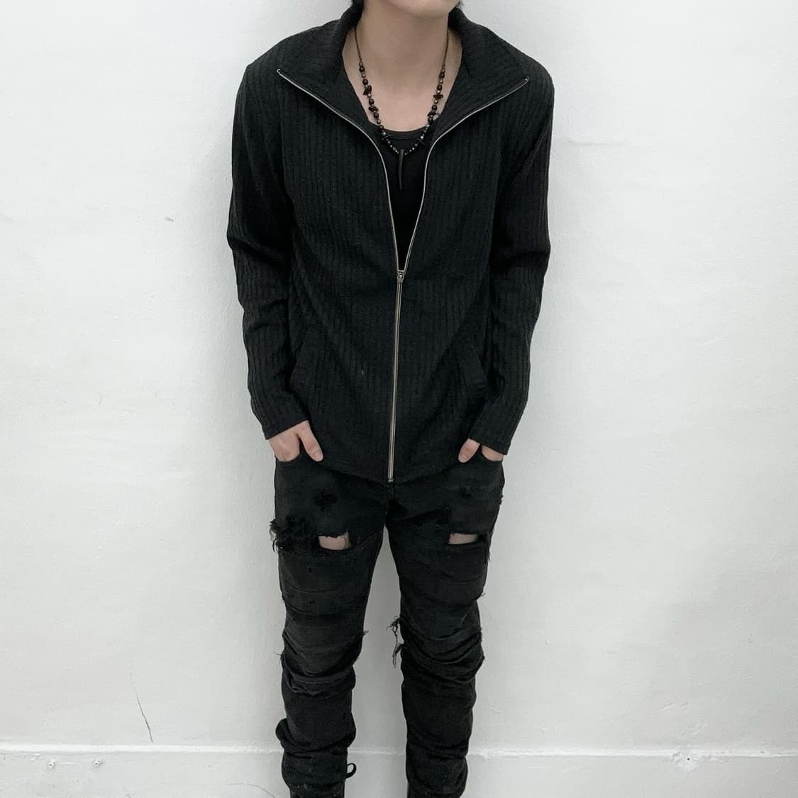 Formal black rib knit zip-up 상품이미지2