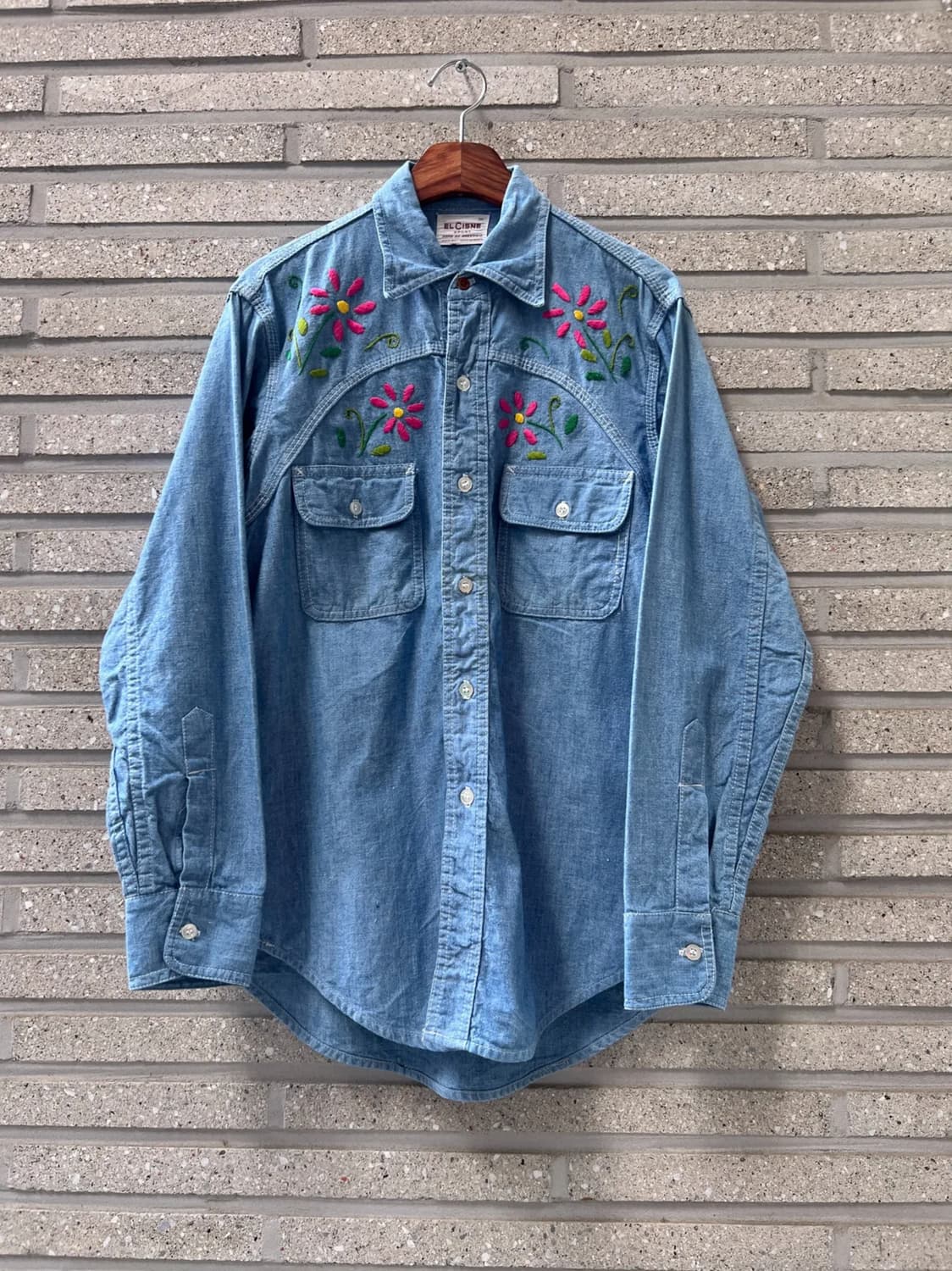 [M]90's USA 빈티지 플라워 자수 샴브레이 웨스턴 셔츠 상품이미지1