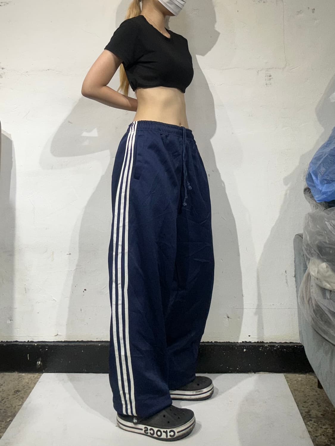 일본 빈티지 네이비 화이트 삼선 와이드 팬츠 L 상품이미지1
