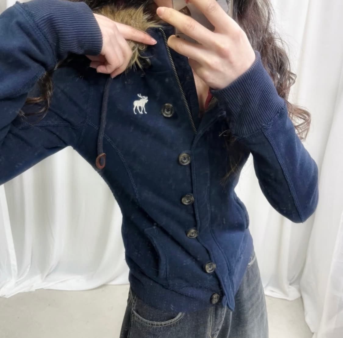 리본빈티지 아베크롬비 네이비 퍼 후드집업 상품이미지3