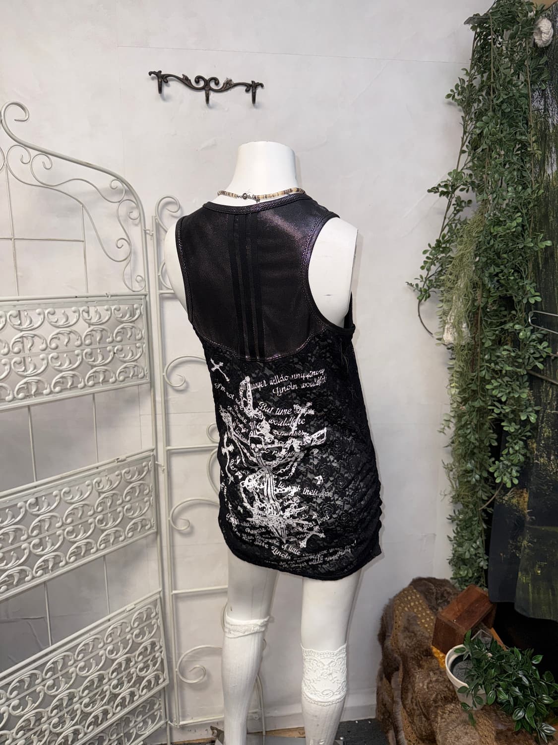 Black skull printing lace shirring ops 상품이미지6