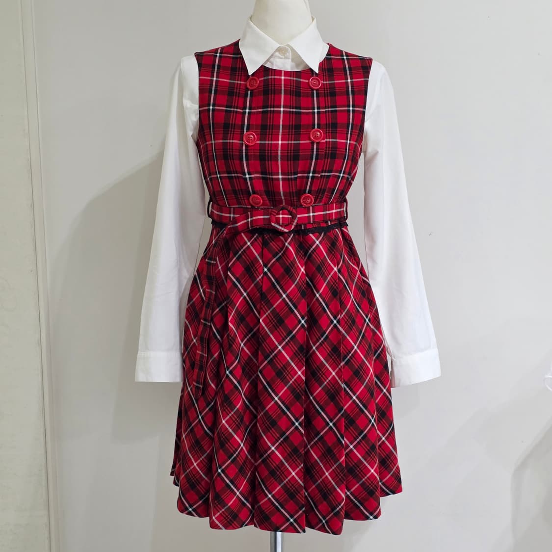 빈티지)00s레드x블랙 타탄체크 캐캐체깔 오네갸루 고딕로리타 플리츠원피스 상품이미지1