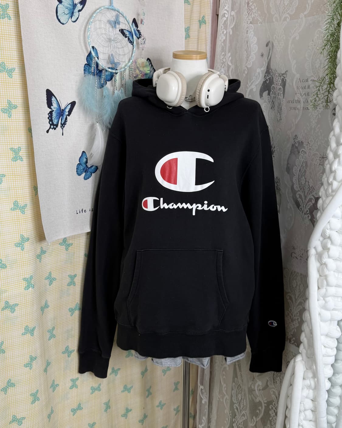 챔피온 블랙 오버핏 후드 티셔츠 상품이미지4