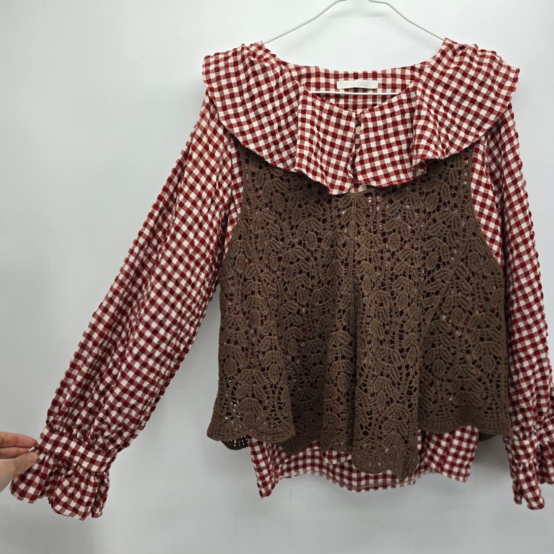 체크 블라우스 + 뜨개 조끼 코디 세트 상품이미지2