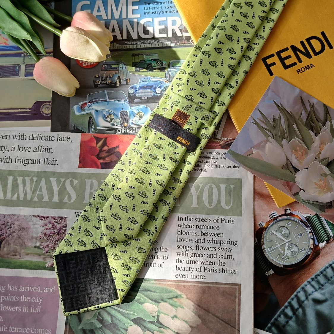 펜디 실크 그린 비행기 패턴 슬림 넥타이 7.8cm B등급 A19597
 상품이미지2