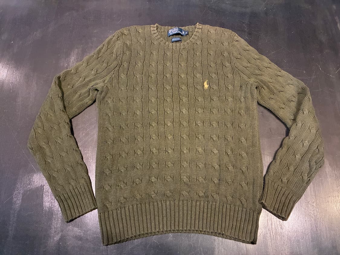 M) 폴로 케이블 꽈배기 니트 코튼 스웨터 올리브 상품이미지1