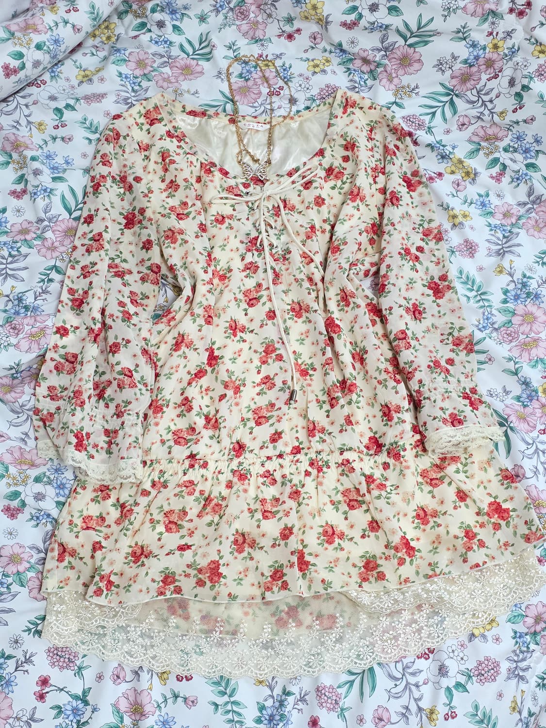 colza 일본빈티지)플로럴 로즈 스즈코모리걸 레이스 로맨틱코르셋블라우스 상품이미지1