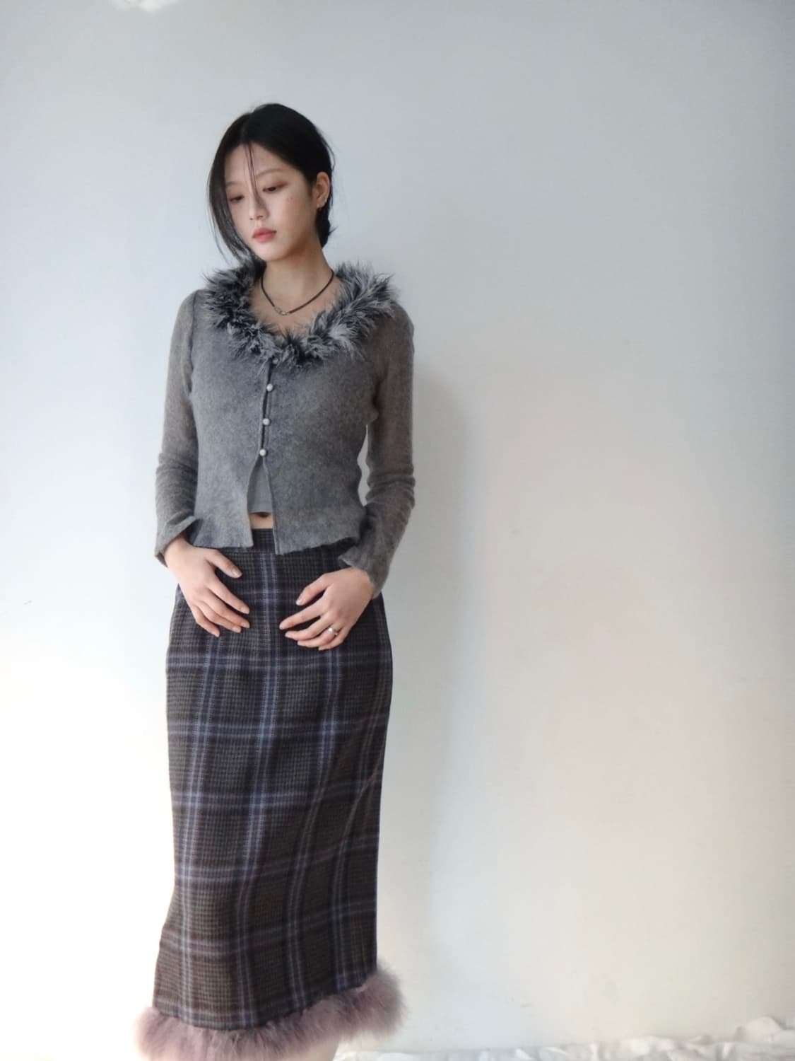 Check fur mix skirt / purple 상품이미지5