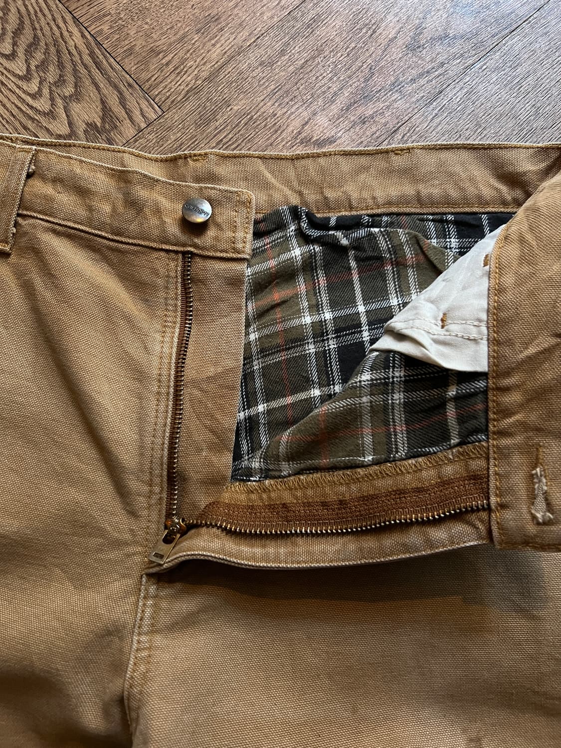[34]칼하트 USA 체크 라이닝 빈티지 페인팅 브라운 싱글니 워크 팬츠 상품이미지3