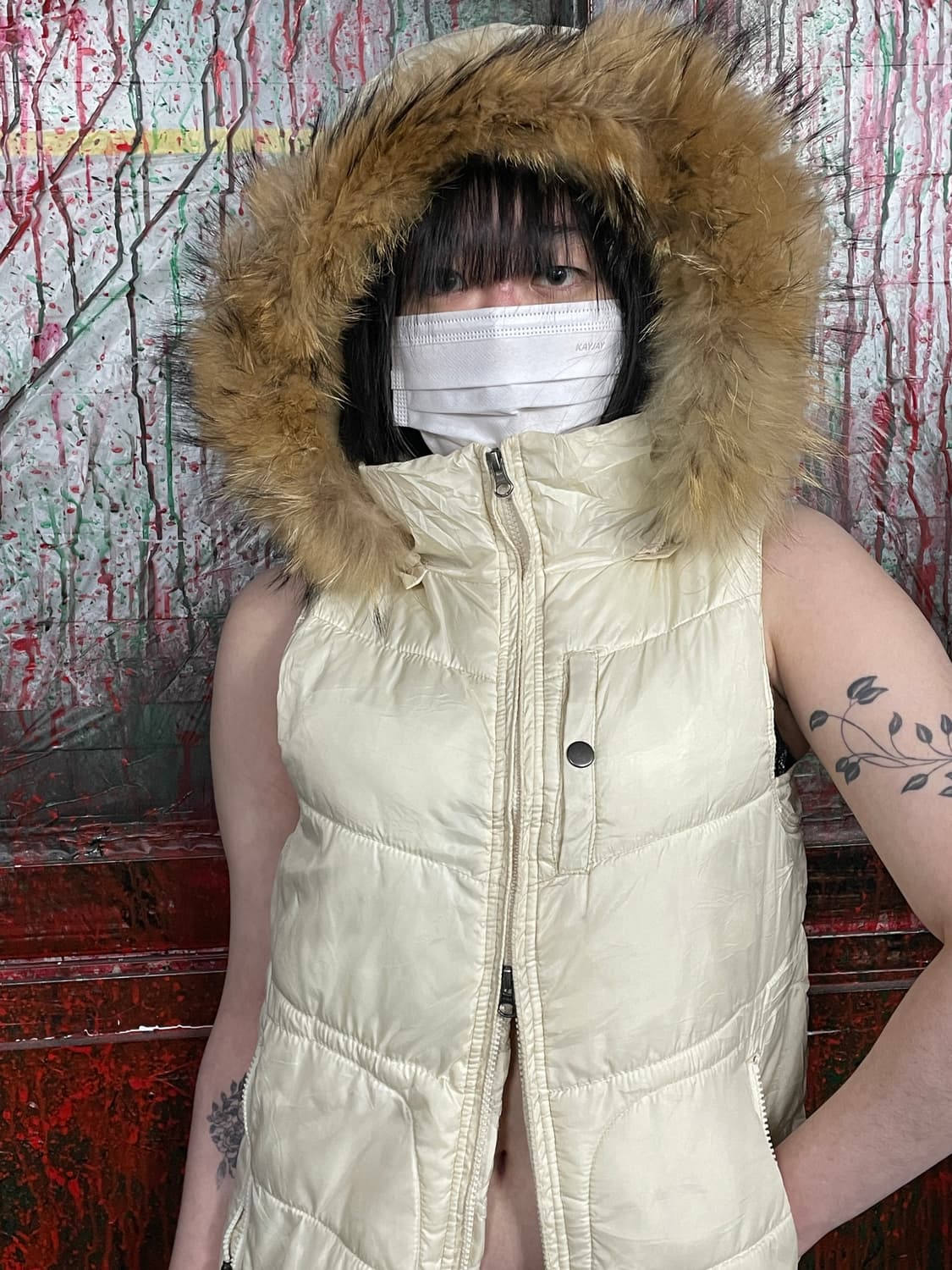 일본 빈티지 퍼 후드 울프죠 갸루 패딩조끼 베스트 L 상품이미지2