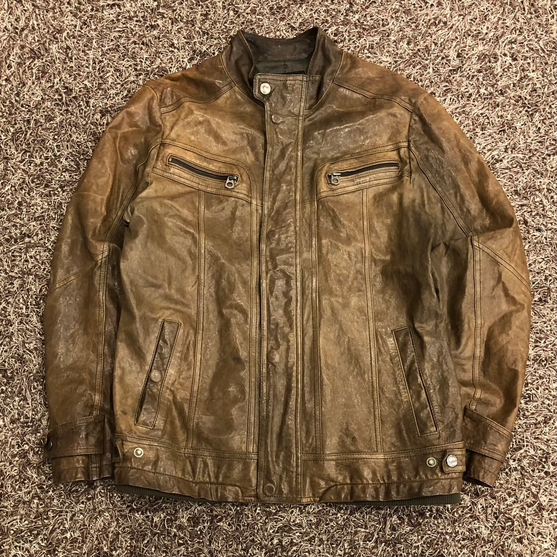 게스 브라운 양가죽 바이커 레더 가죽 블루종 자켓 상품이미지1