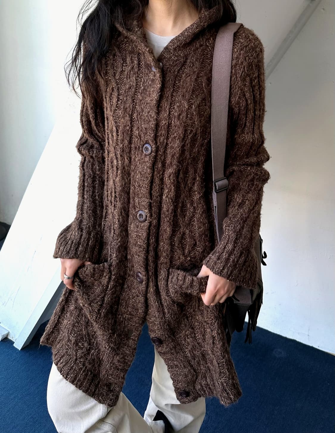 Cable patterned hooded long knit jacket 상품이미지10
