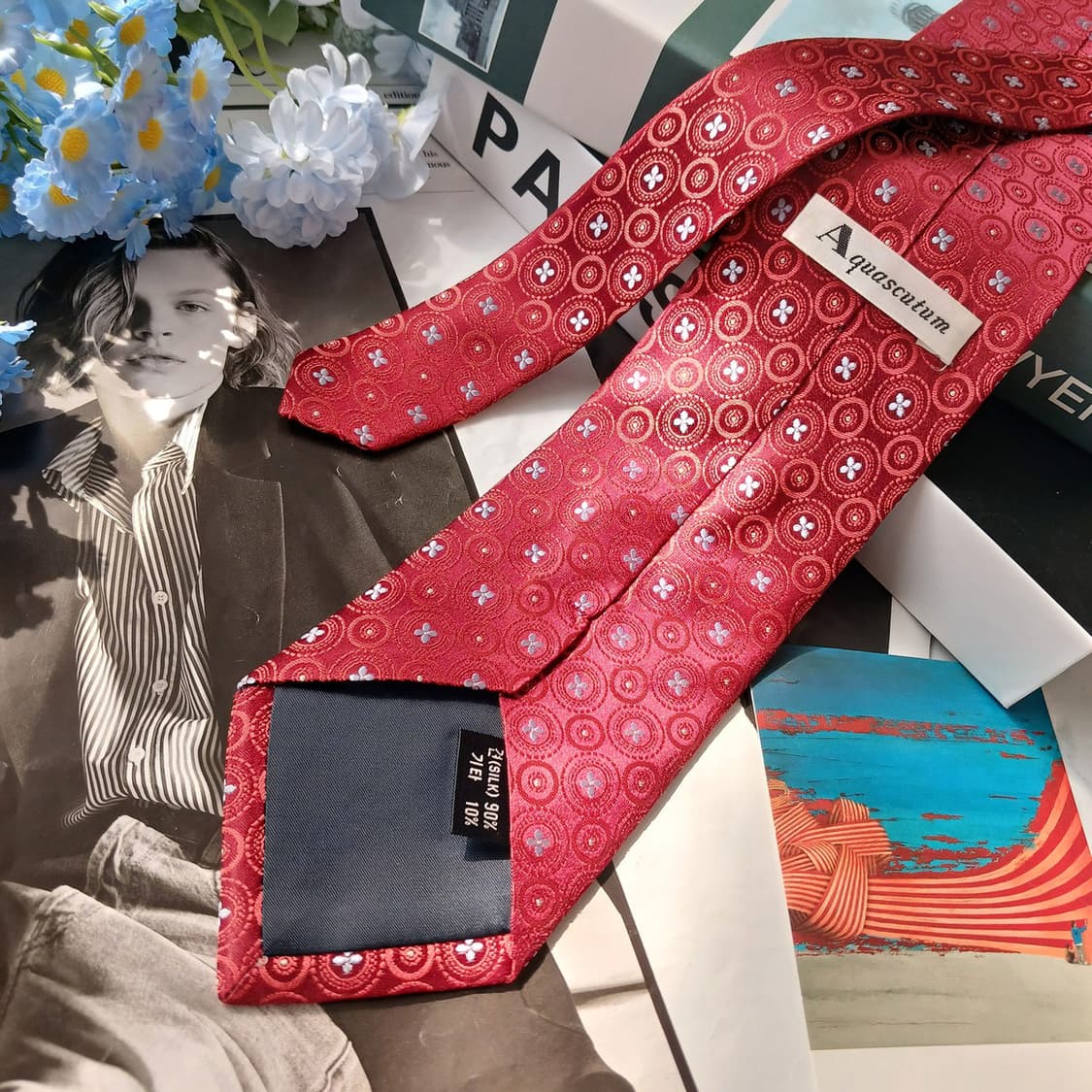 아쿠아스큐텀 넥타이 레드 플라워 패턴 S~A+등급 E896
 상품이미지5