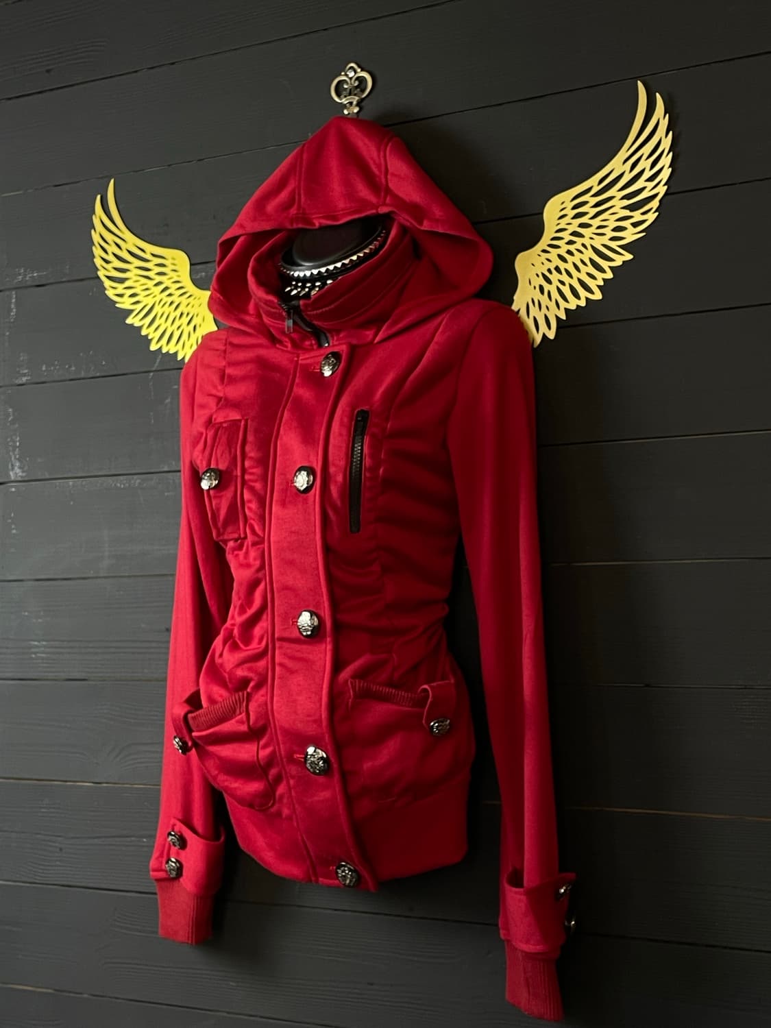 JPN 펑크 골드버튼 금장 레드 후드 셔링 자켓 상품이미지2