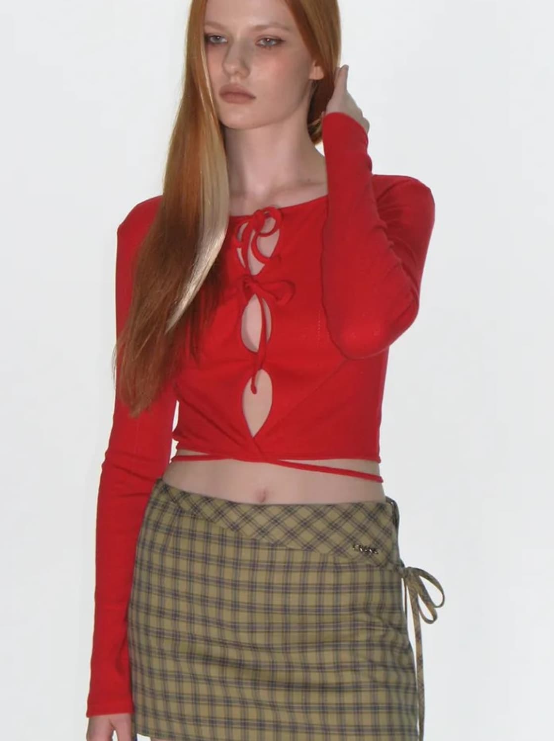 EYELET STRING CROP TOP red 상품이미지3