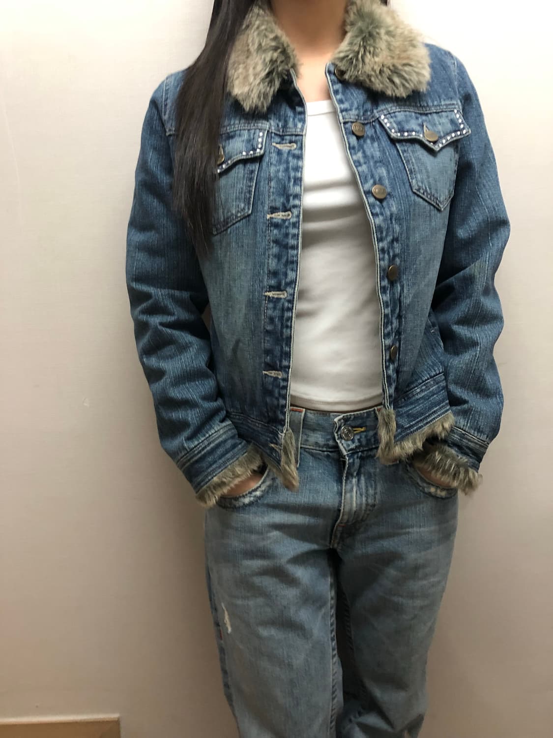 빈티지 데님 큐빅 퍼 자켓 상품이미지4