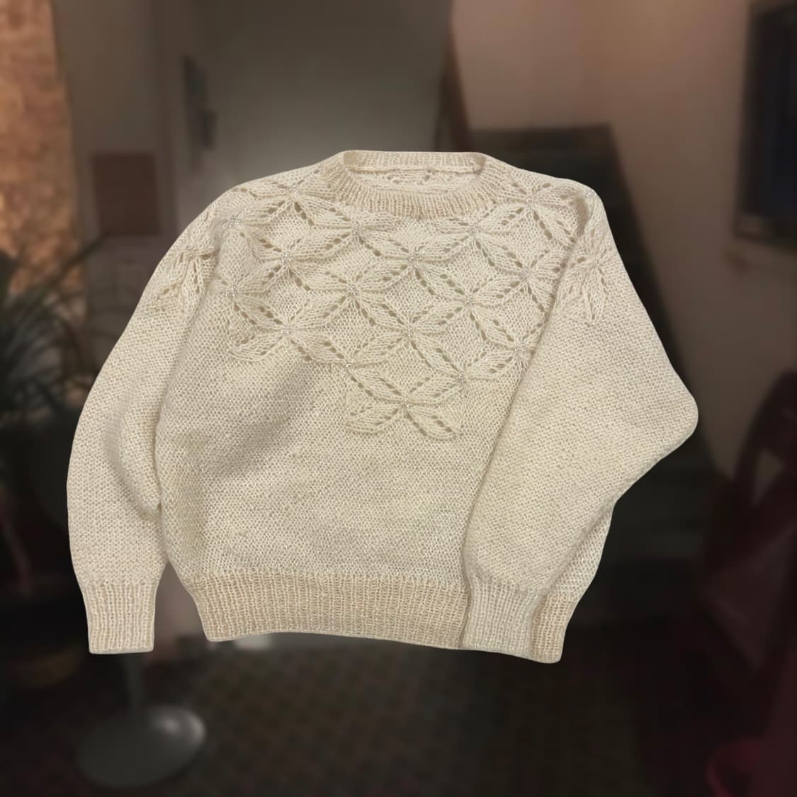 일본 빈티지 아이보리 비즈 루즈핏 울 니트 상품이미지3