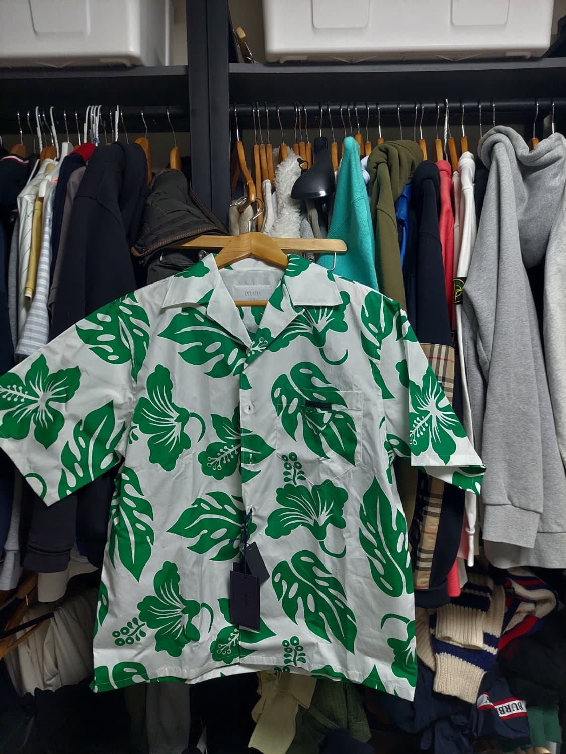프라다 트로피칼 나뭇잎 반팔 오버 셔츠 삼각로고 M 백화점판 상품이미지1