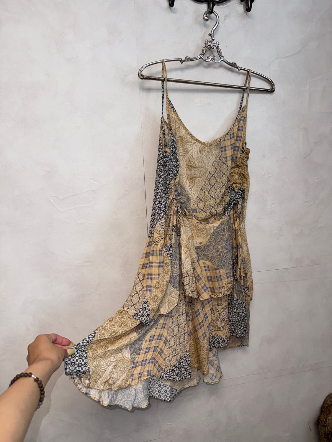 Yellow ethnic check paisley shirring ops 상품이미지4