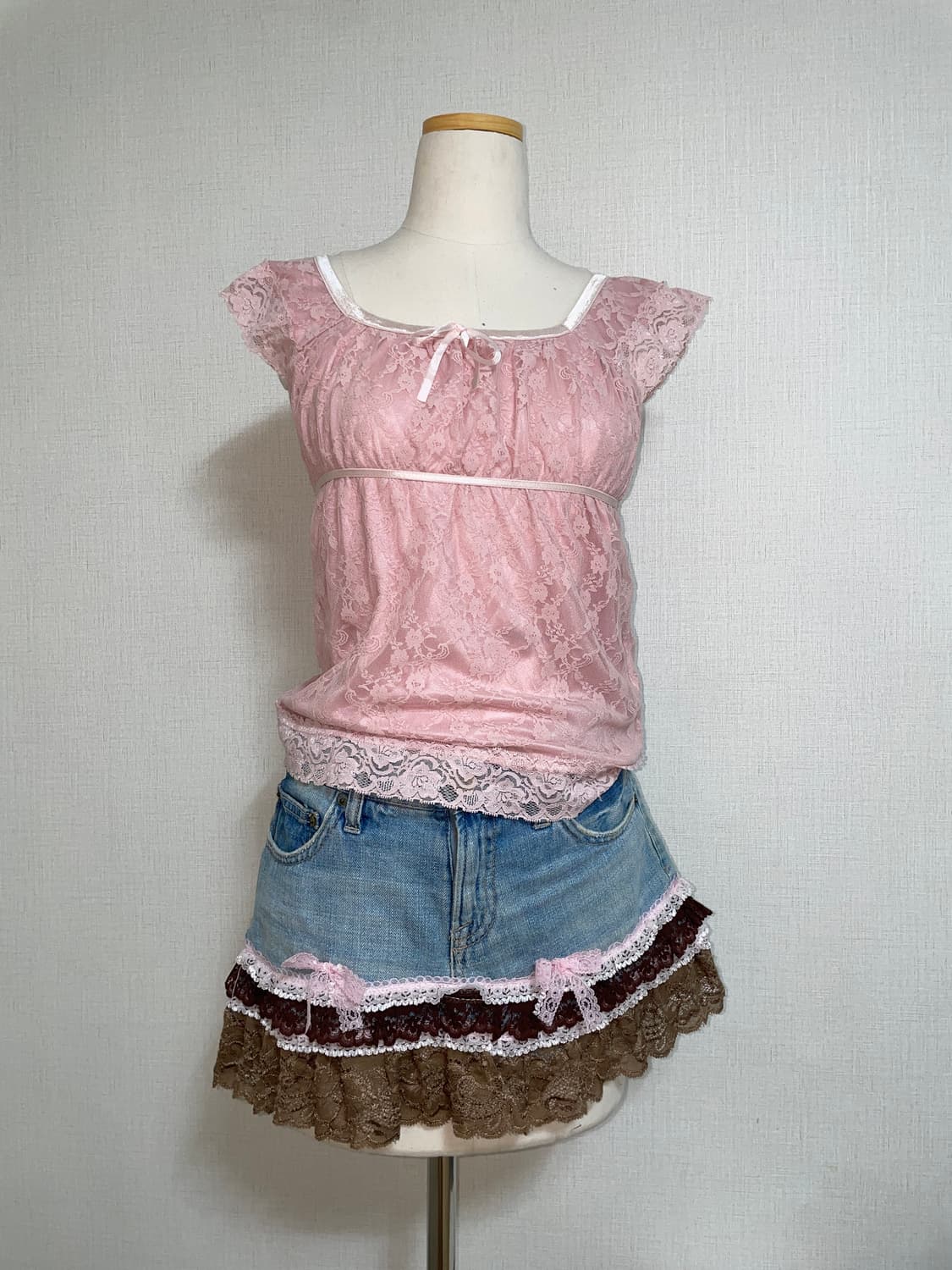 핑크 레이스 리본 탑 갸루 히메 상품이미지1
