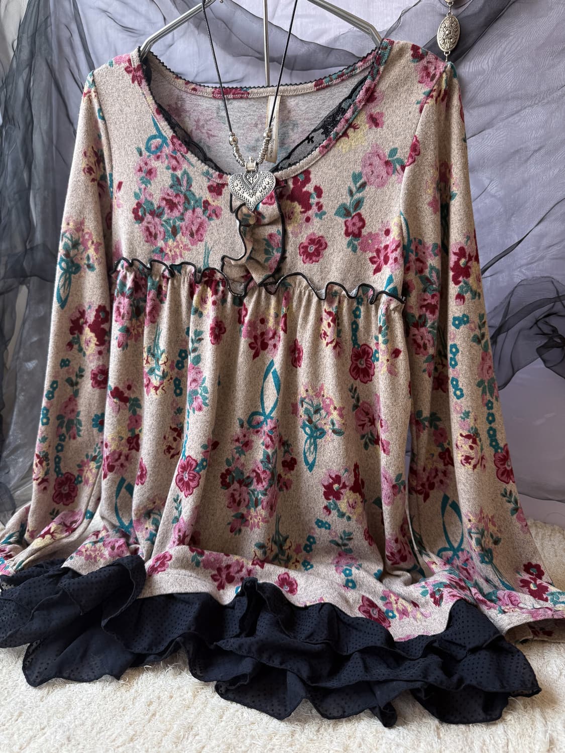 Floral Dot Lace Long T-shirt 0140 상품이미지1