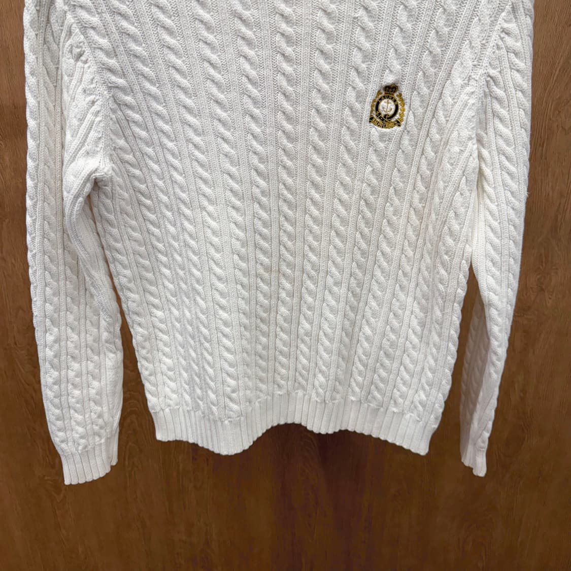 랄프로렌 꽈배기 니트 긴팔 라운드넥 자수 로고 디테일 슬림핏 화이트 상품이미지5