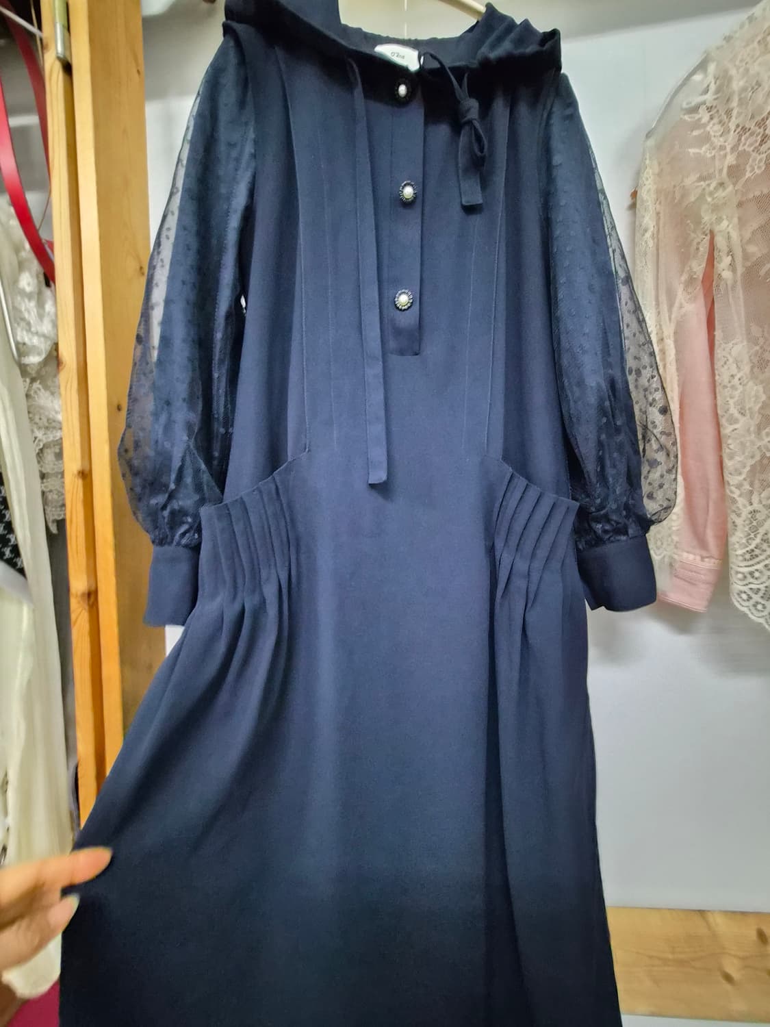 오즈세컨 도트망사 레이어드 후드쉬폰원피스 상품이미지6