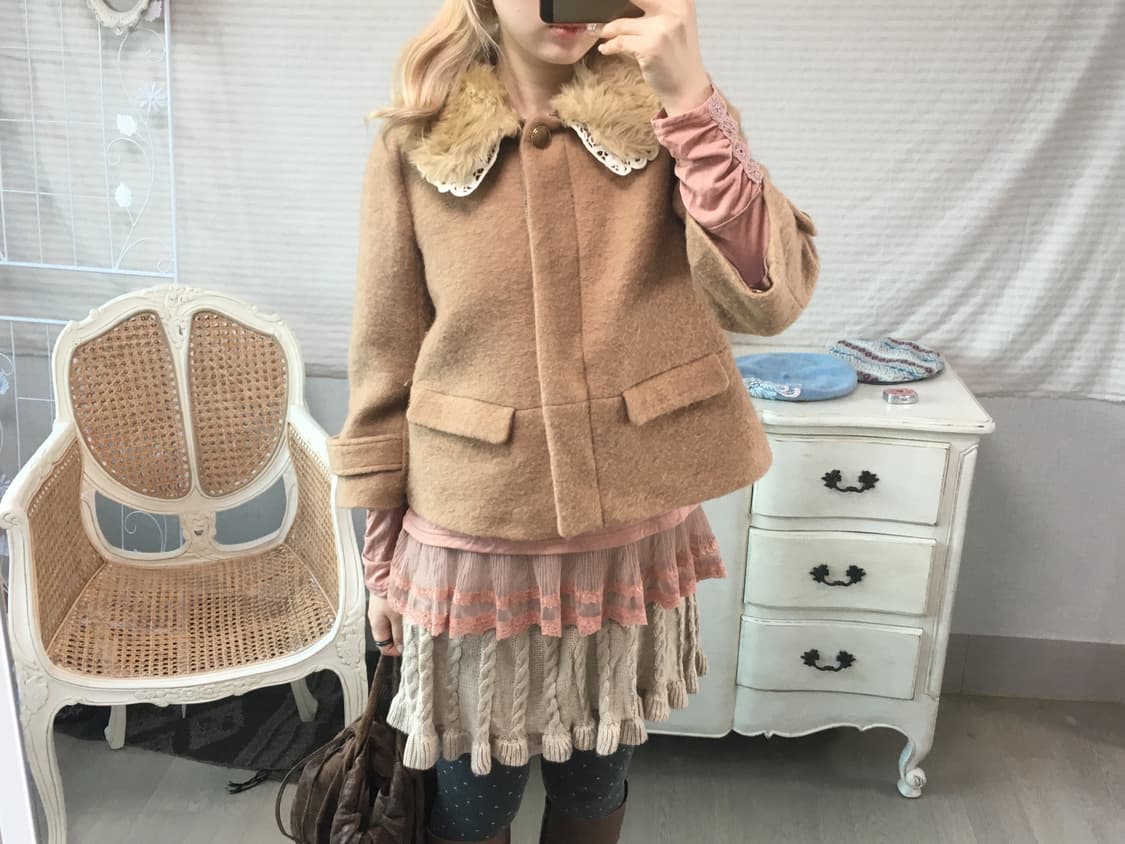 camel deer lace fur-collar wool  jacket 상품이미지1