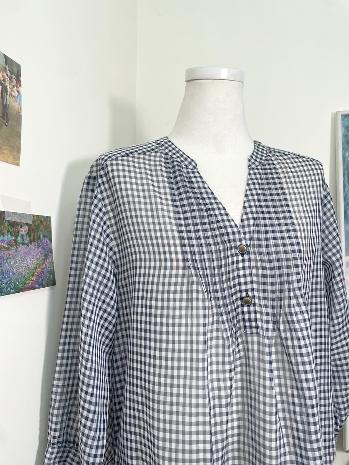 navy check side bow loose chiffon blouse 상품이미지6