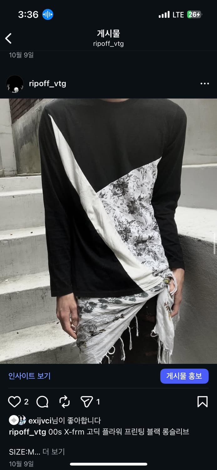 2000s X-frm 고딕 플라워 프린팅 블랙 롱슬리브 상품이미지1