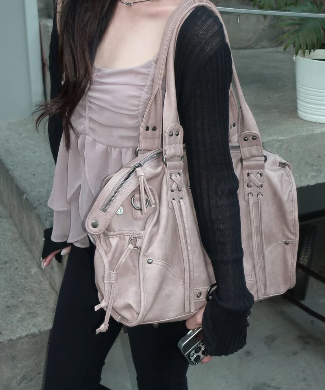 팬시클럽 벨티드 워싱 레더백 핑크 상품이미지3