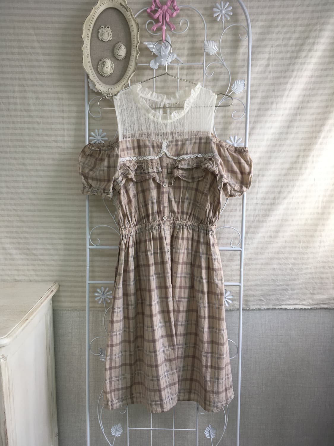 jpn vintage beige check lace one-piece 상품이미지4