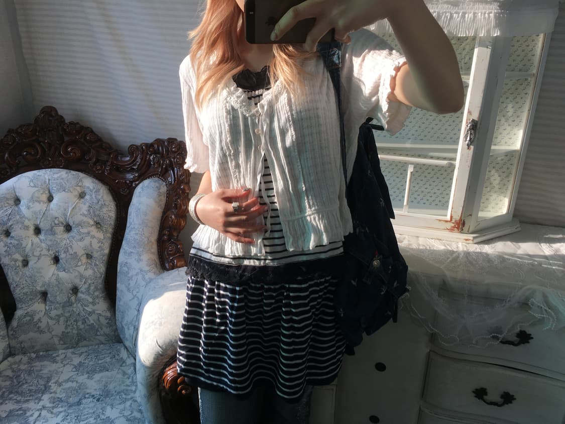 Set) 화이트 레이스 가디건 + 스트라이프 나시 상품이미지2