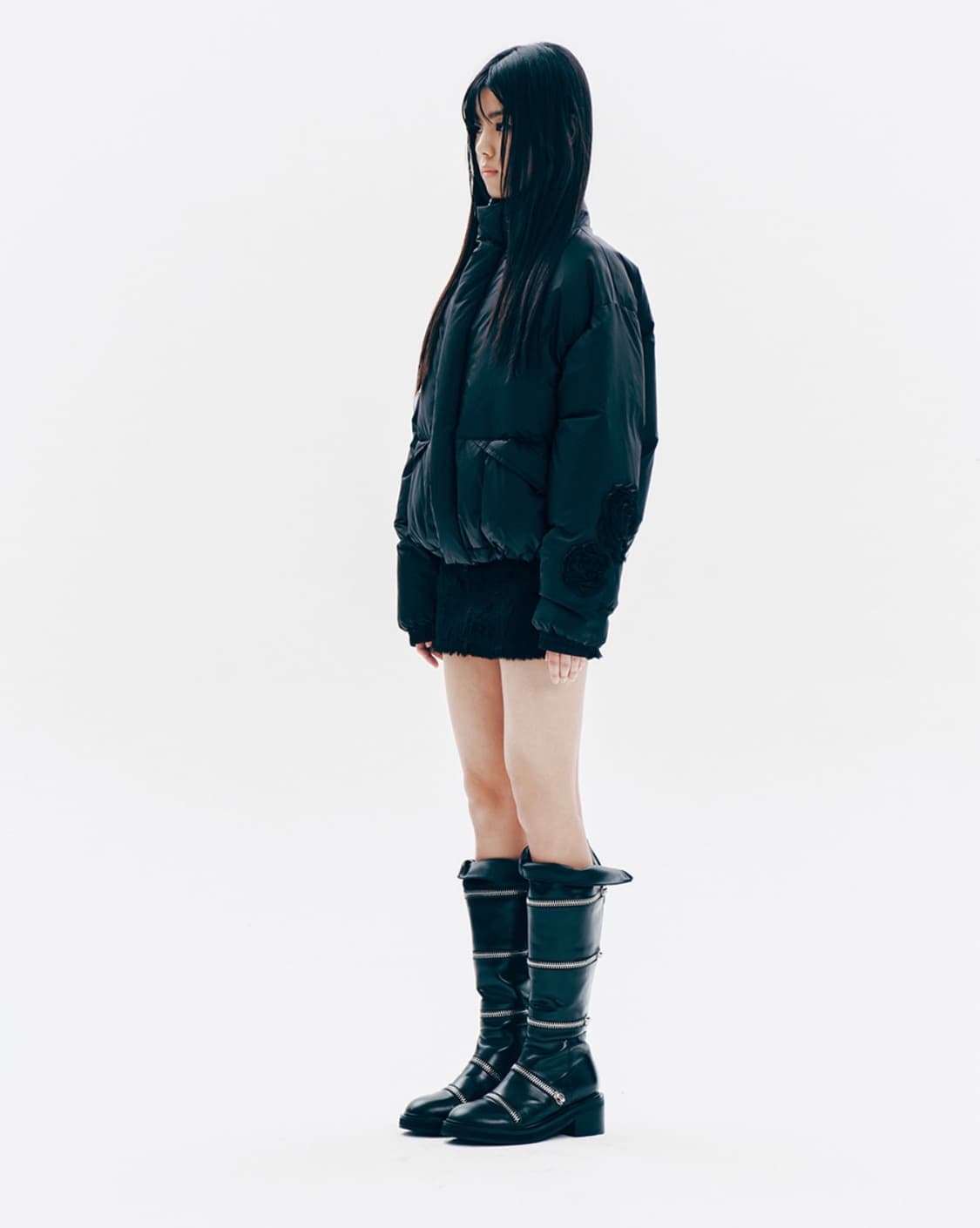 유희 플라워 자수 푸퍼 자켓 블랙 코사지 패딩 아우터 상품이미지4