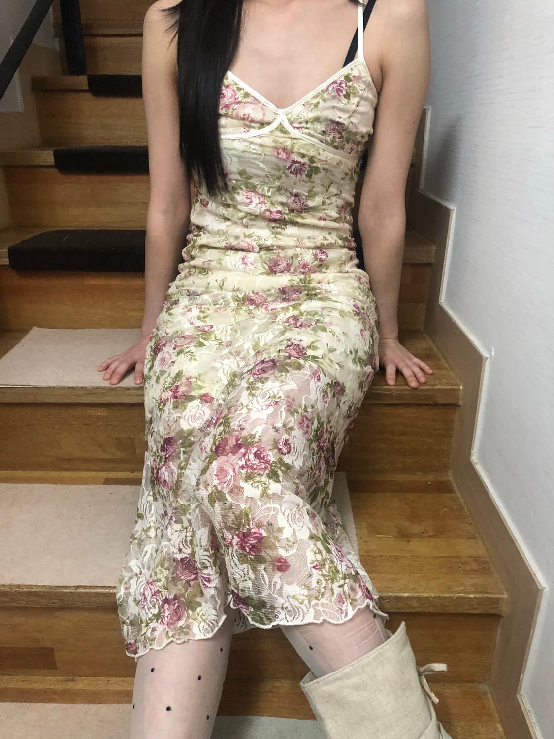 빈티지 아이보리 플라워 롱 원피스 상품이미지4