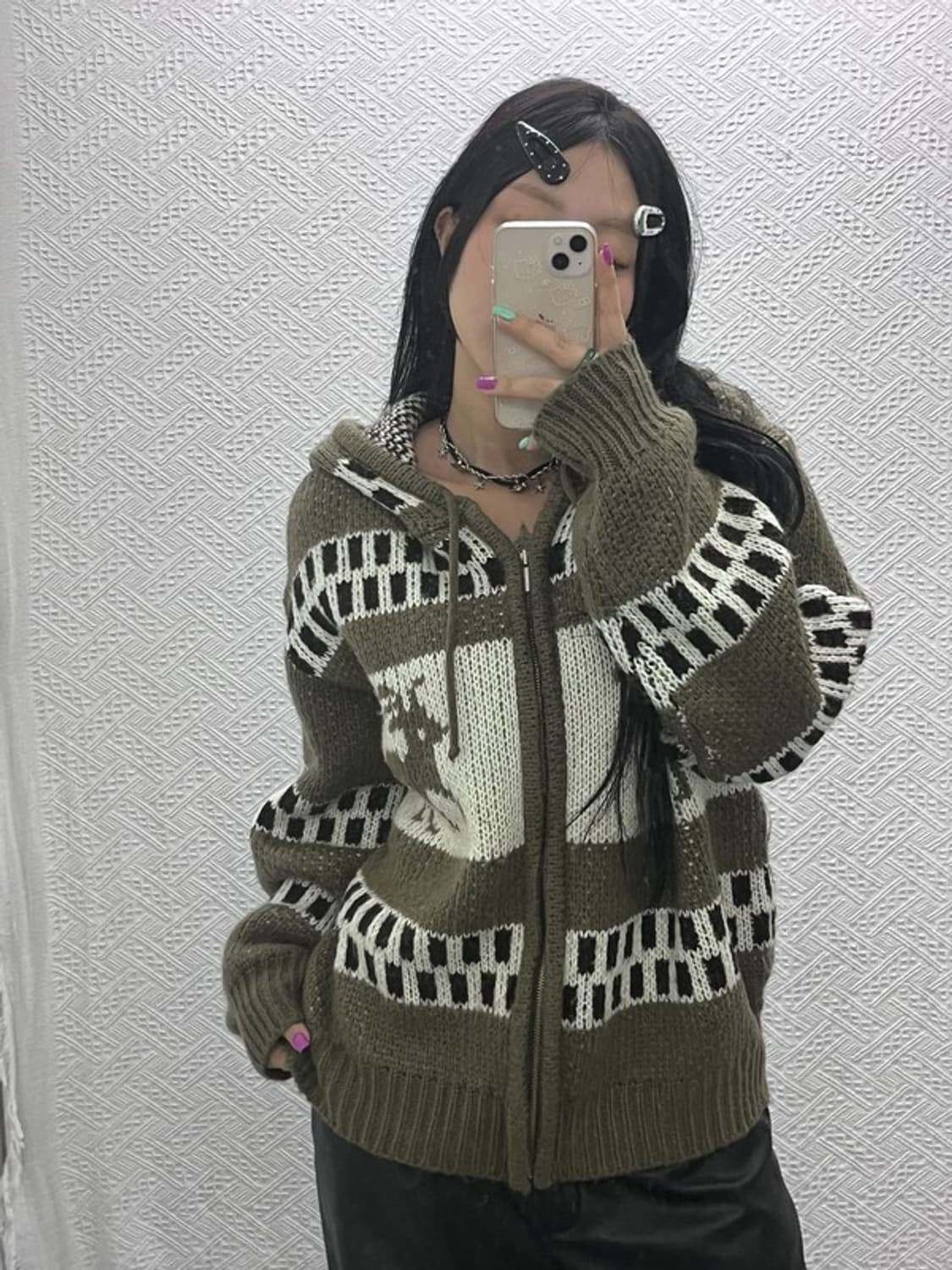 빈티지 폭닥 노르딕 패턴 올리브 카키 가디건 L C07004 상품이미지1