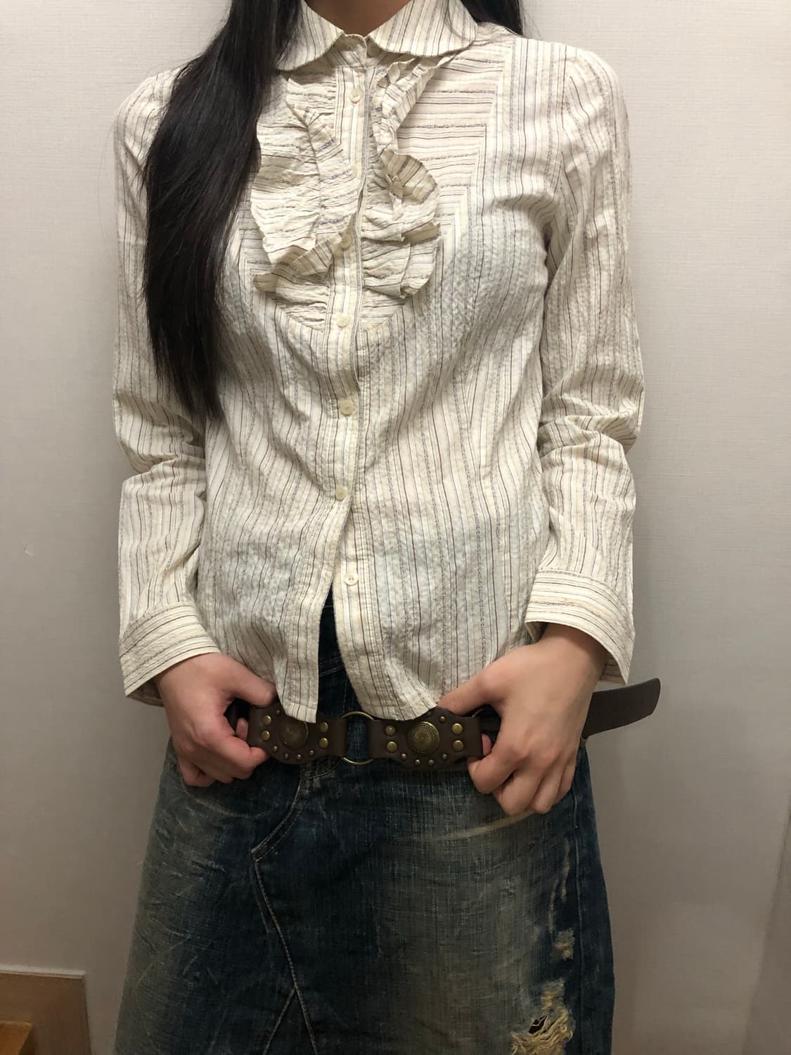 빈티지 화이트 스트라이프 프릴 블라우스 상품이미지2