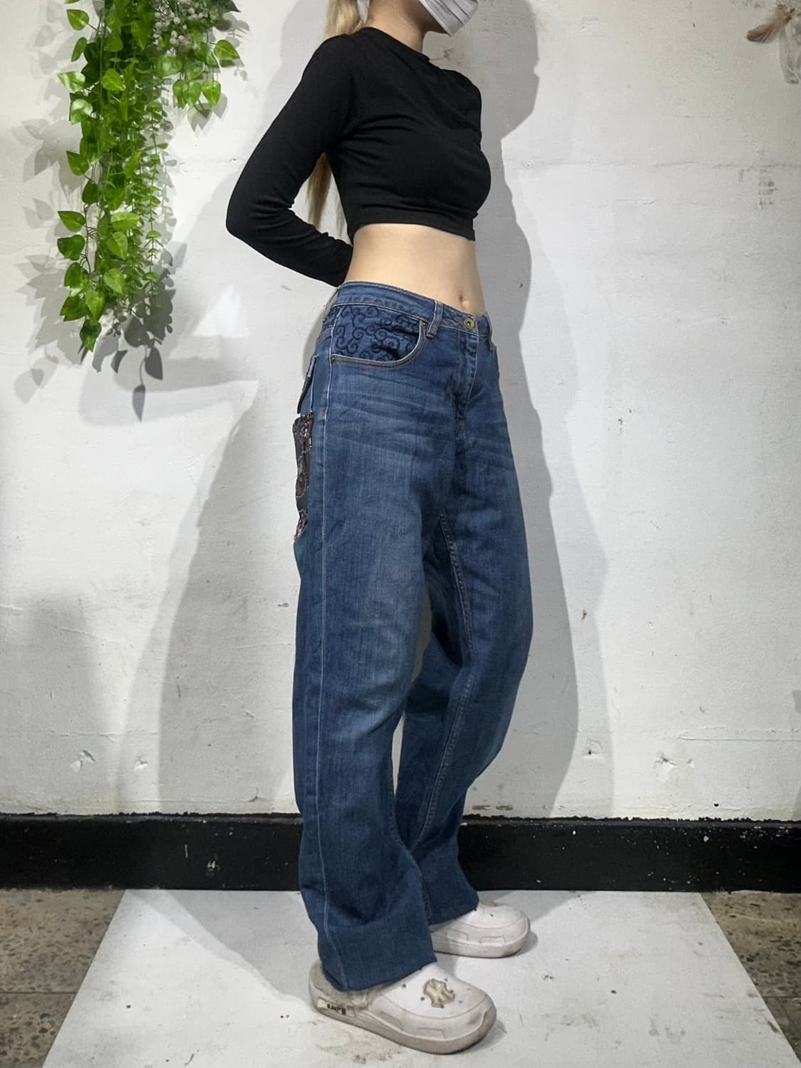 일본 빈티지 중청 대장급 오리엔탈 자수 포켓 와이드 데님 팬츠 청바지 상품이미지1