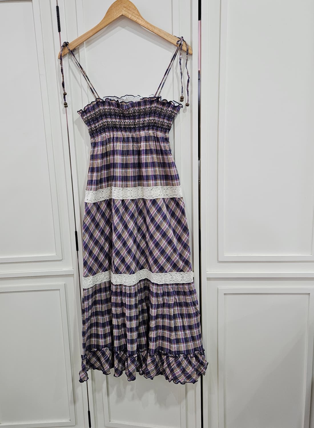 체크 끈 롱 원피스 레이스 장식 상품이미지1