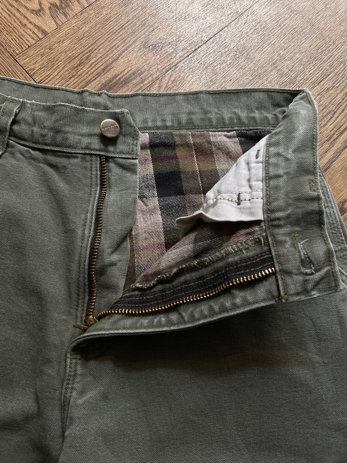 [30]칼하트 USA 덩가리핏 체크 라이닝 모스그린 카펜터 워크팬츠 M9 상품이미지3