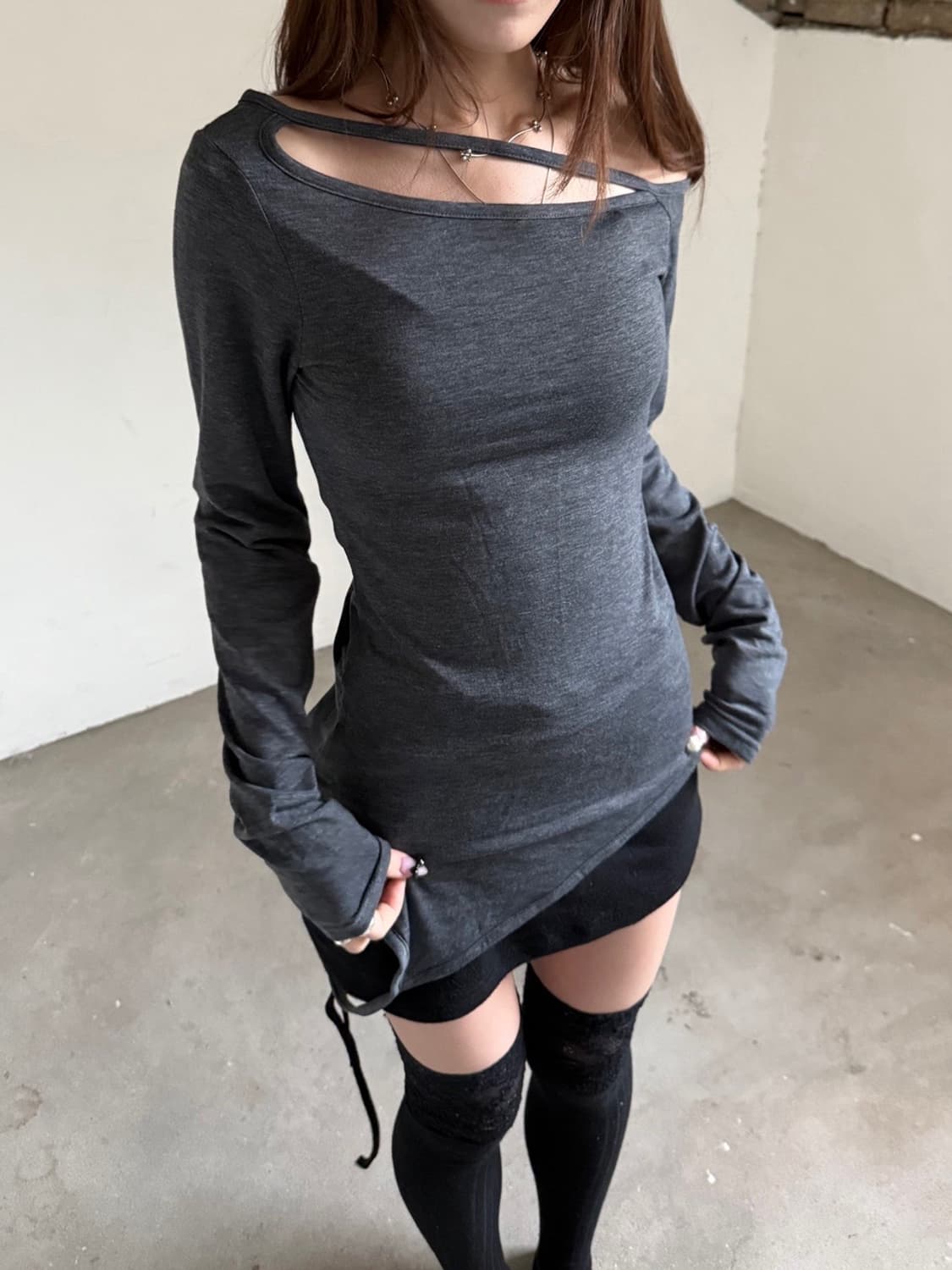 슬립오퍼 Unbal slit t 레이어드 슬림 트임 기본티셔츠 (멜란지 상품이미지2