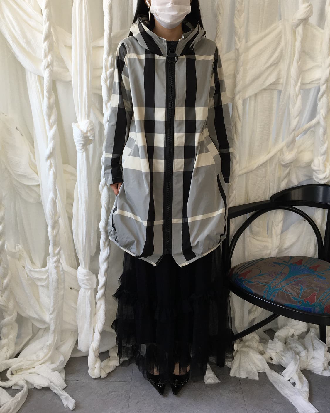 Check pattern balloon fit hood long jack 상품이미지8