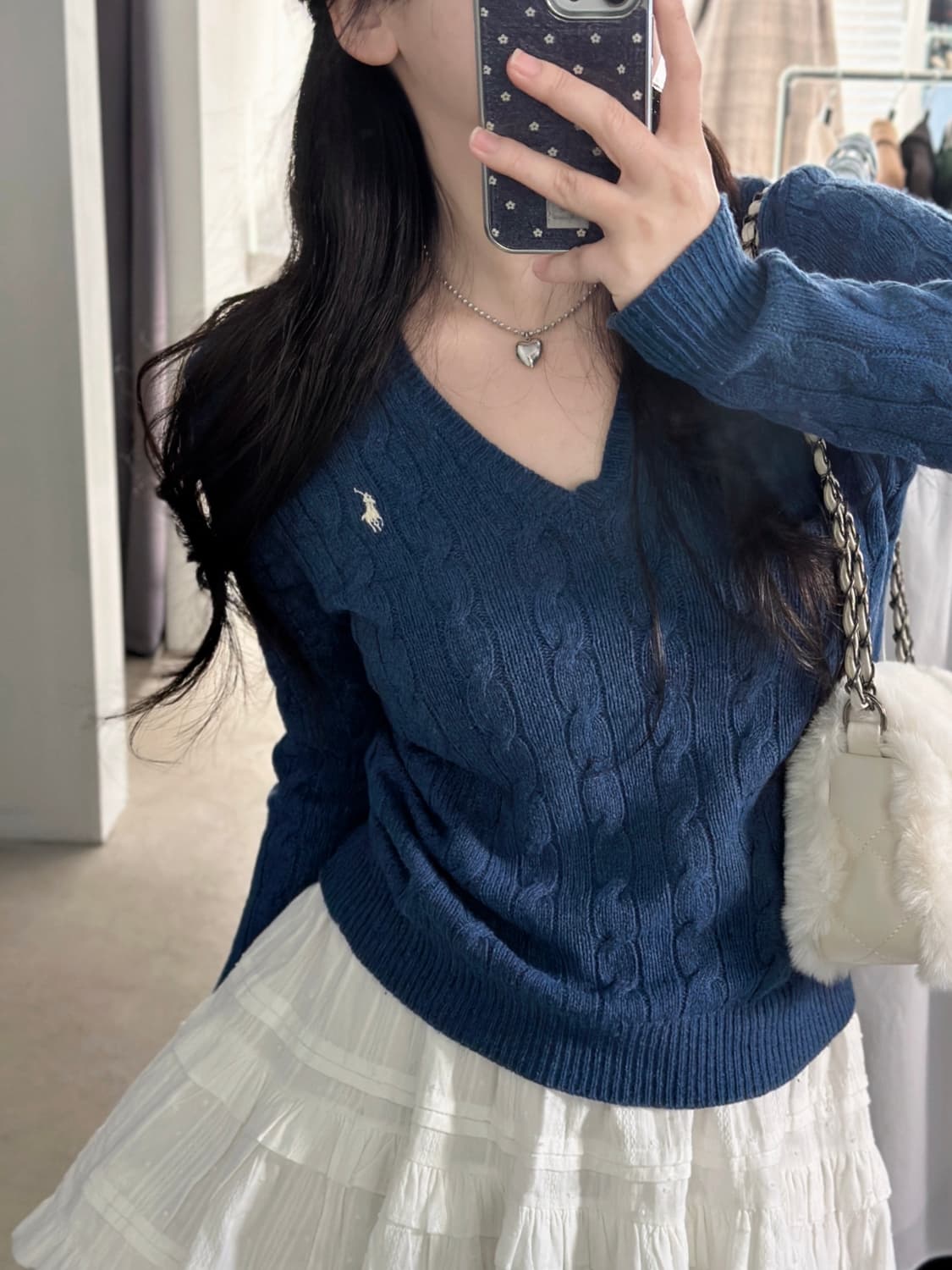 폴로 랄프로렌 뮤트블루 울 캐시미어 V넥 케이블 니트  상품이미지2