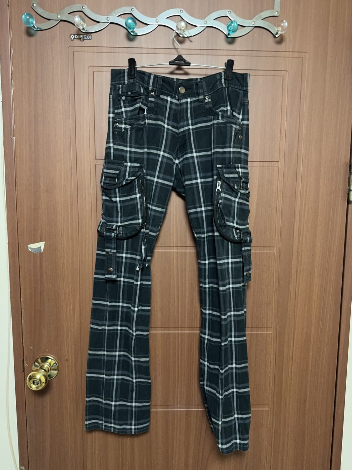 빈티지 중성계 서브컬쳐 락 펑크 체크 사이드 포켓 카고팬츠 상품이미지1