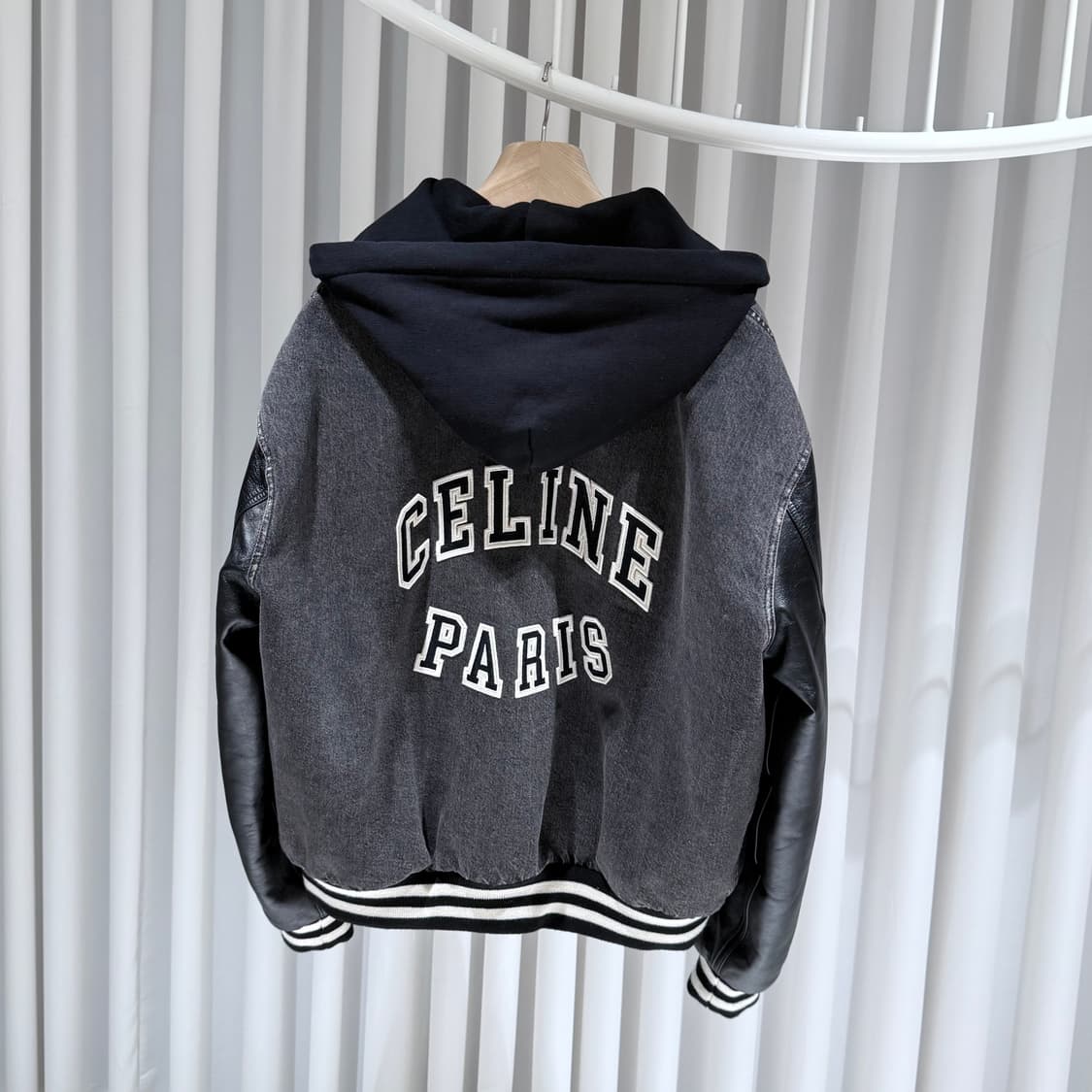 (S+ / L) / 셀린느 블랙 레더 데님 테디 후드 바시티 자켓 상품이미지5