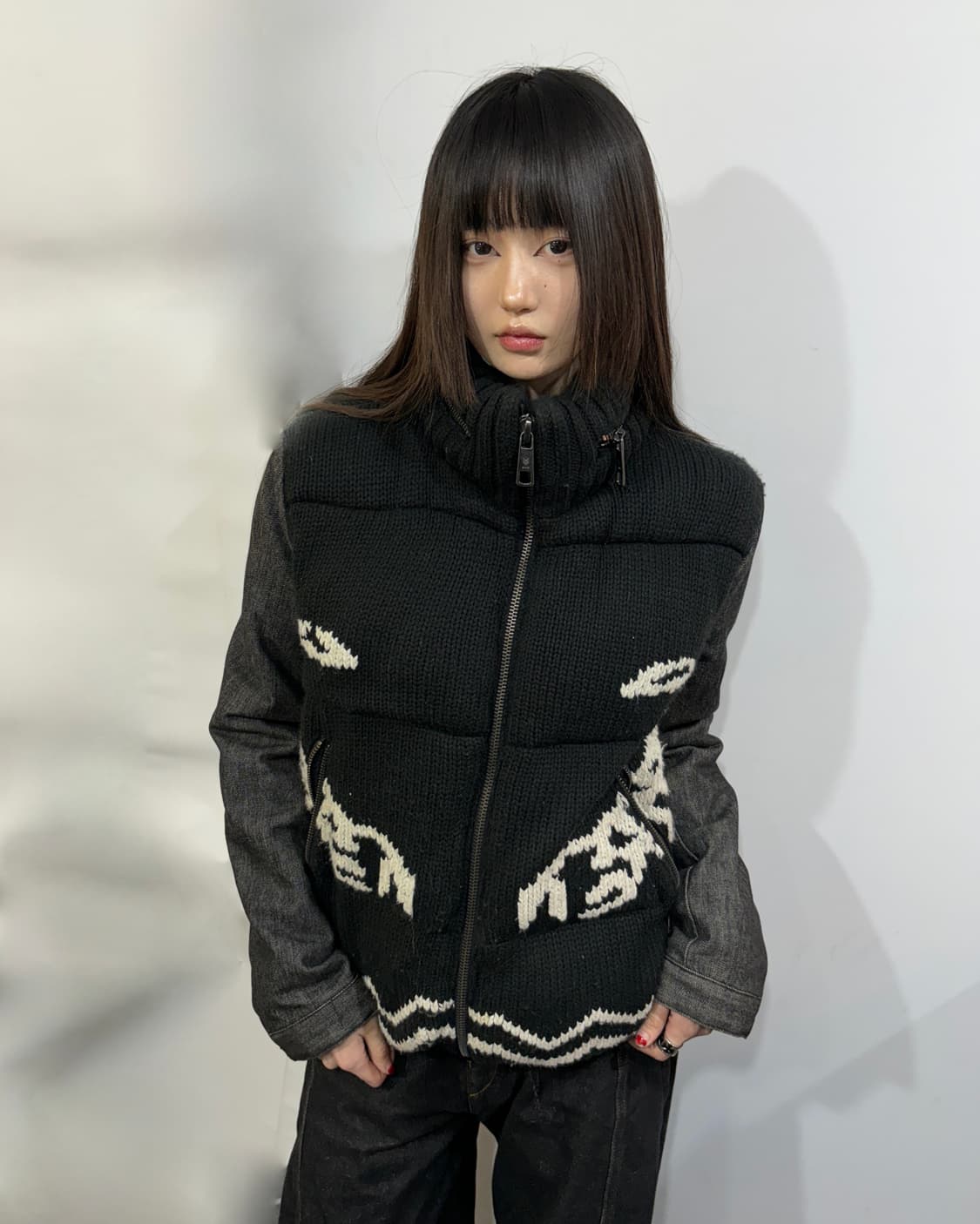 90s 블랙&오프화이트 패턴 니트 배색 하이넥 패딩 상품이미지1