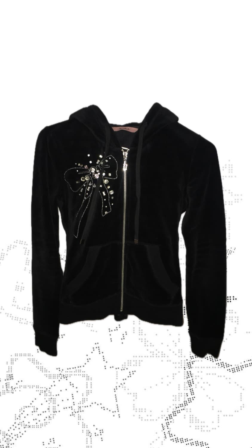 y2k 리본 큐빅 벨벳 후드집업 상품이미지1