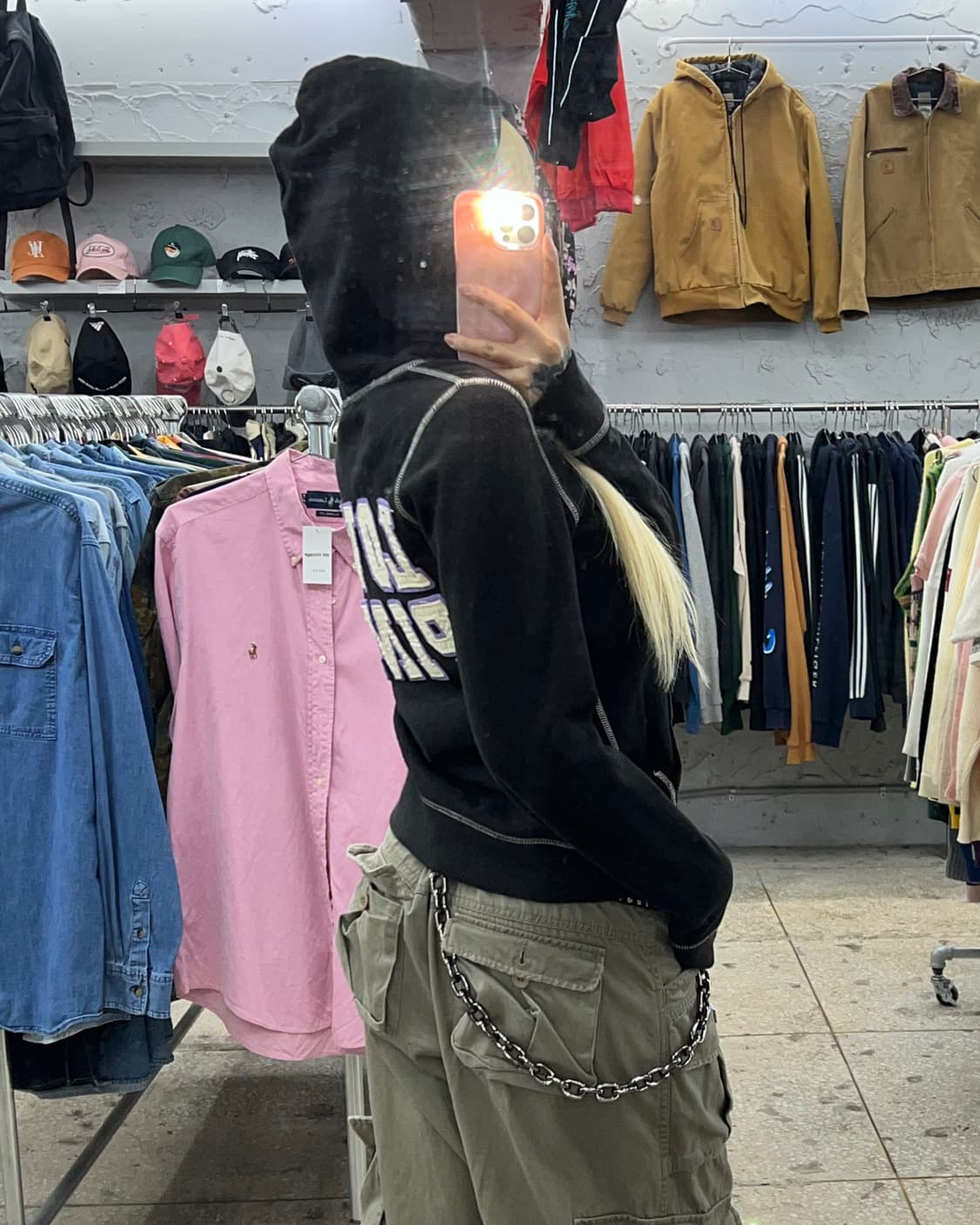 착샷O 핑크 빅로고 블랙 후드집업 상품이미지5